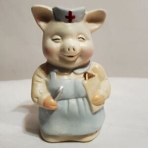 Vintage Porcelain 3" Tall Nurse Pig Piggy Holding Patient Forms and Pen